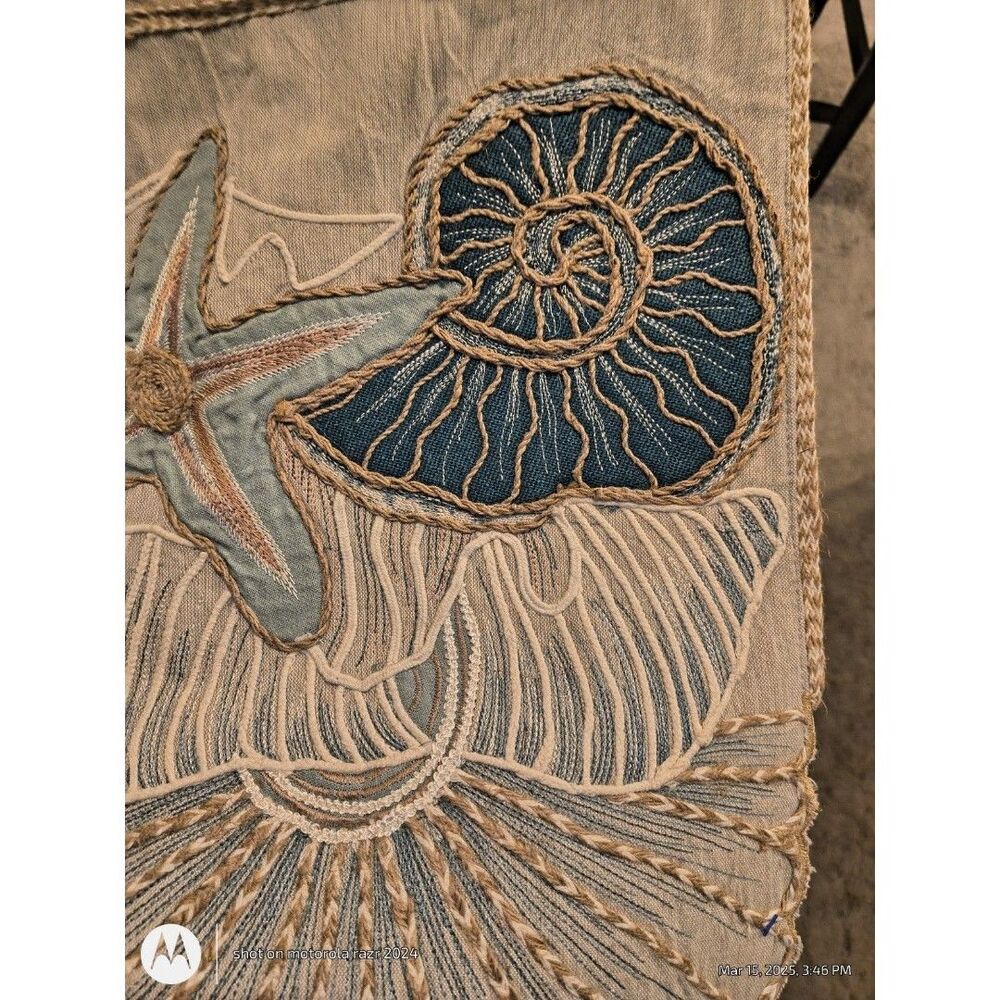 Pier One Table Runner 74” Coastal Embroidered Sea Shell Star Fish Neutral READ - Picture 7 of 12